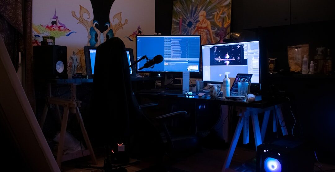 Video editor working on footage in an editing suite